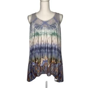 Emerald Blue Green Tan Orange Sleeveless Top Front Back Lace Panel Curved Hem